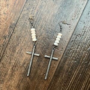 Shyanne Silver and Cream Cross Earrings